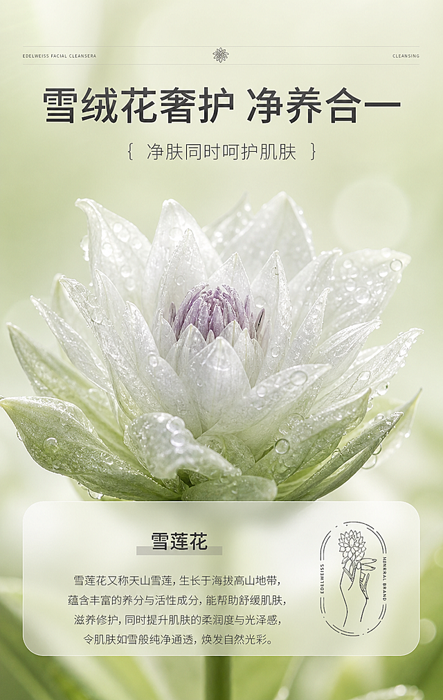 将图中的雪绒花替换为雪莲花（天山雪莲），雪莲花花瓣洁白通透、带有冰晶露珠质感，花心呈淡紫色，整体高贵清雅。背景色调改为淡奶油绿色（柔和的奶绿色渐变背景），保留画面上的水珠和清新水润的感觉。整体风格为高端护肤品海报，自然清新，光影柔和，微距特写视角，花朵细节精致，背景虚化柔和。