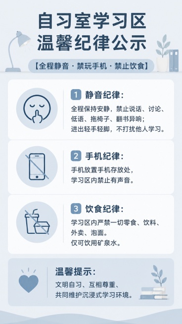 极简现代风学习区温馨纪律公示海报，莫兰迪浅灰蓝色背景，卡片式分区配简约图标，风格干净简约。完整文案：主标题“自习室学习区温馨纪律公示”，副标题“【全程静音・禁玩手机・禁止饮食】”，1. 静音纪律：全程预览效果