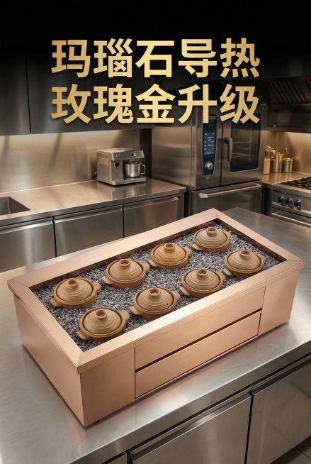 将原黑色俯拍视角商用养生炖汤炉整体外壳改为玫瑰金色，保留原有产品结构、陶锅和玛瑙石设计，整体改为高端玫瑰金色不锈钢材质，背景为干净高端商用餐厨场景，风格高级奢华，主标题为“玛瑙石导热 玫瑰金升级”，加预览效果