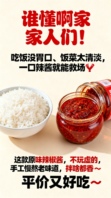 浅米色干净背景，左侧摆1碗寡淡白米饭，右侧摆1瓶打开的原味辣椒酱，色泽鲜红，搭配“没胃口”手写艺术字，整体温馨有代入感。文案：顶部居中"谁懂啊家人们！"字体加粗，红色，活泼圆润；中间居中"吃饭没胃口、预览效果