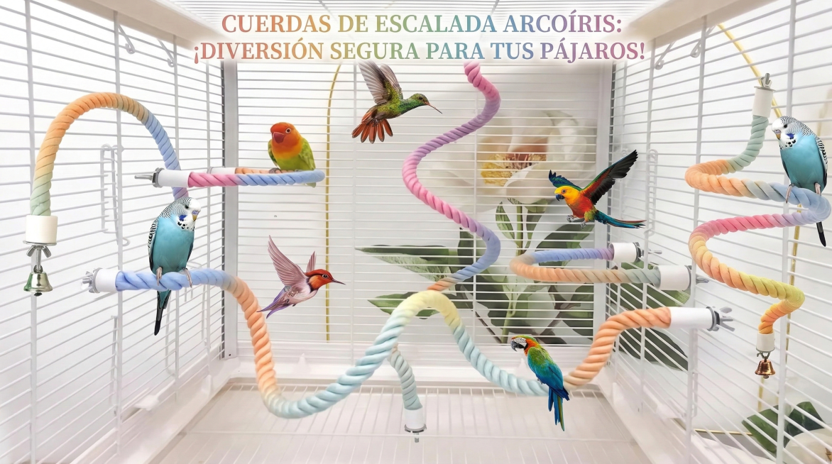 保留图中鸟笼攀爬绳主体特征，添加西班牙语宣传文案，搭配可爱鹦鹉，背景为明亮的鸟笼场景预览效果