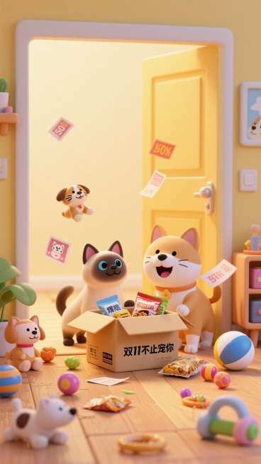 可爱软3D风格，一只暹罗小猫和柴犬，带着期待又快乐的表情，在暖色装修风格的玄关边围绕着全爆开的快递箱，快递箱标有 “双11不止宠你”，快递箱里面有猫粮、狗粮、零食等，周围地板散落着各种宠物玩具、如娃娃预览效果