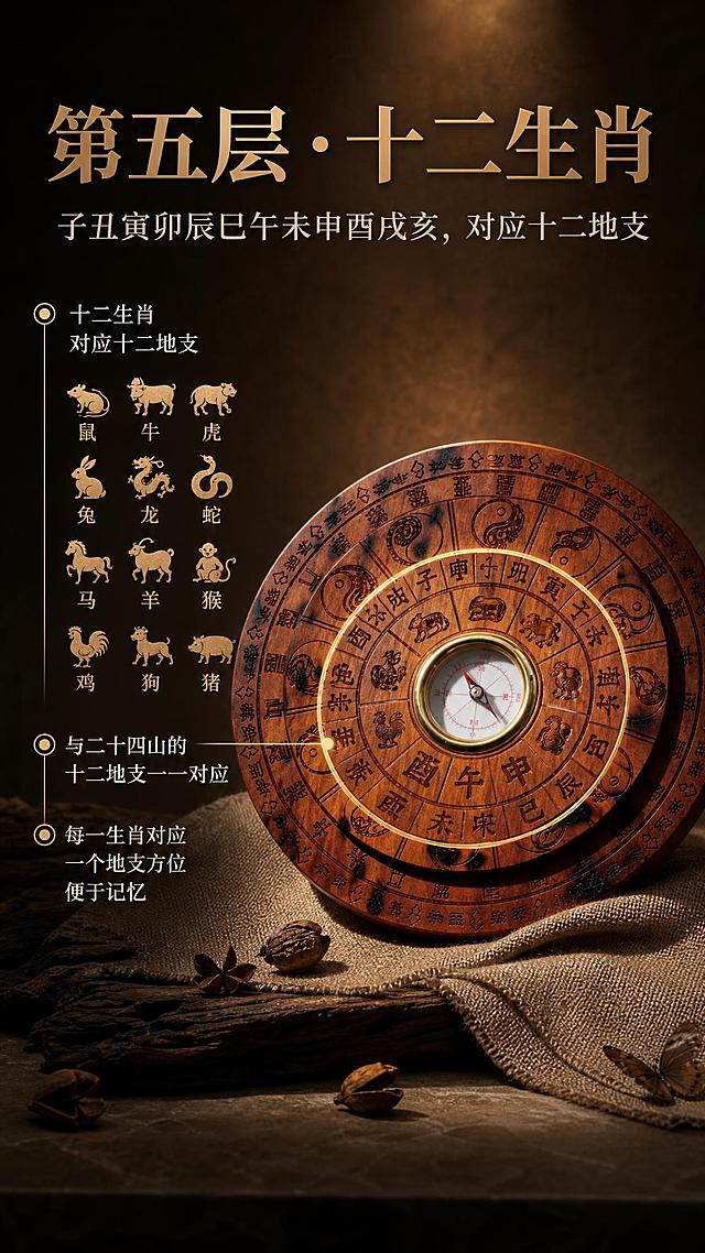[商品] 使用【图2】雷击枣木七层罗盘；保留产品圆形木质结构、中心天池磁针、各层刻纹、枣木红棕底色，不改变产品外貌和结构顺序；重点突出第五层十二生肖圈层。
[画面] 页面目标：详解第五层十二生肖。构图：产品位于画面中心偏右，占画面约50%，正面角度；十二生肖圈层用金色圆圈高亮，引线指向左侧说明区；左侧文字区配生肖动物古朴图标（鼠牛虎兔等剪影）；底部粗麻布与枯木道具；后景深棕聚光背景；阅读动线从左上至右下：标题→说明→产品。
[视觉] 套系策略：风格=暗调聚光东方古朴商业静物摄影（参考逆光者视觉风格）；标题字=宋体衬线粗体（古风厚重）；正文字=宋体常规；主色=深棕暖褐色；背景延展=深棕到暖棕的径向聚光渐变；强调色=烫金古铜色（用于标题、高亮圆圈、引线、图标）；标题色=古铜金；正文色=米白浅金；组件=金色圆圈高亮、细线引线、十二生肖古朴图标；光影=顶部聚光+生肖圈层柔光突出。
[文字] 左上主标题"第五层·十二生肖"，副标题"子丑寅卯辰巳午未申酉戌亥，对应十二地支"；下方三个要点：十二生肖对应十二地支、与二十四山的十二地支一一对应、每一生肖对应一个地支方位便于记忆；全部文字横向排版。
[规格] 图片比例9:16竖版，2K分辨率，medium质量；避免变形、错字、文字过小、产品结构改变。