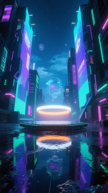 赛博朋克风格，雨夜中的未来都市峡谷，两侧矗立着棱角分明的巨型全息广告牌，投射出蓝紫色与青绿色交织的霓虹光芒，中央是一个散发着冷白色与橙黄色渐变光环的悬浮平台，地面被雨水冲刷得光滑如镜，倒映着空中漂浮的全息投影和两侧建筑上的霓虹灯管，远处天空呈现出深邃的靛蓝色，点缀着稀疏的发光云层，整个场景充满神秘而繁华的未来感，没有文字信息。预览效果