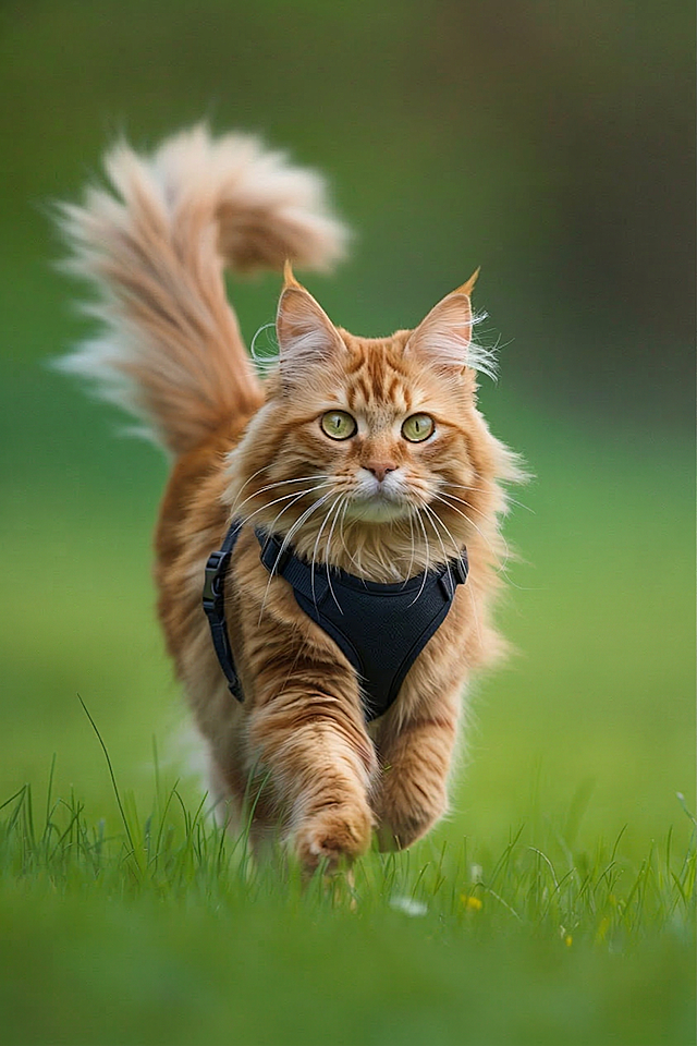 给草地上奔跑的橘色长毛缅因猫戴上黑色背带，保留原图绿色草地背景、自然光影和拍摄风格不变，只添加黑色背带
