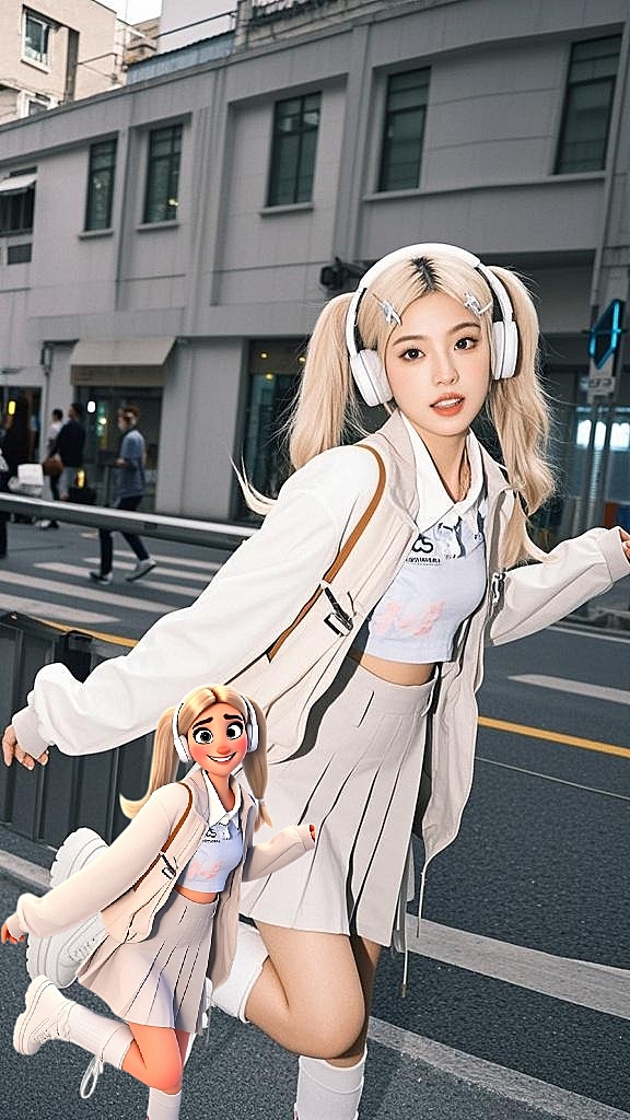 时尚潮流与甜美可爱结合，卡通动漫风虚拟现实人物，街头动感活力。