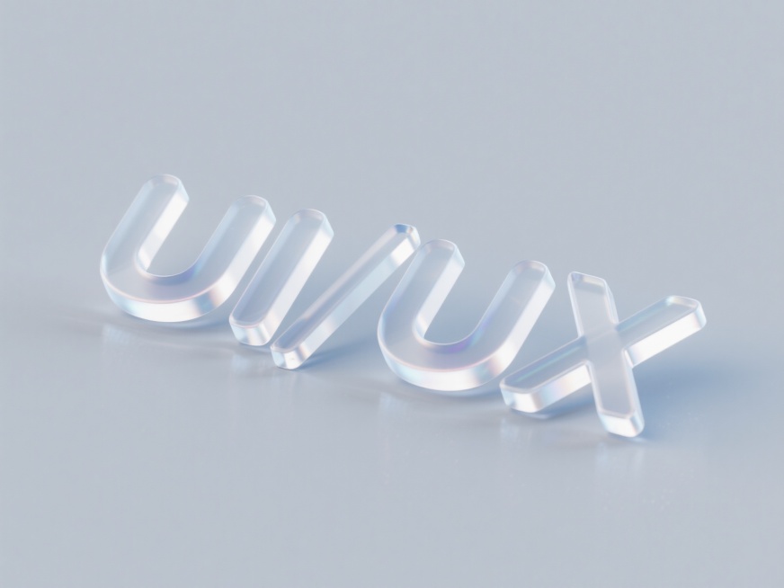 纯色背景上，“UI/UX”立体字母，圆润的字体，倾斜躺着，透明玻璃材质，具有通透感和轻微的折射效果，边缘有柔和的光晕，统一协调的新色调，简洁现代的设计感，清晰的视觉层级，3D渲染，光线柔和，高清细节，预览效果