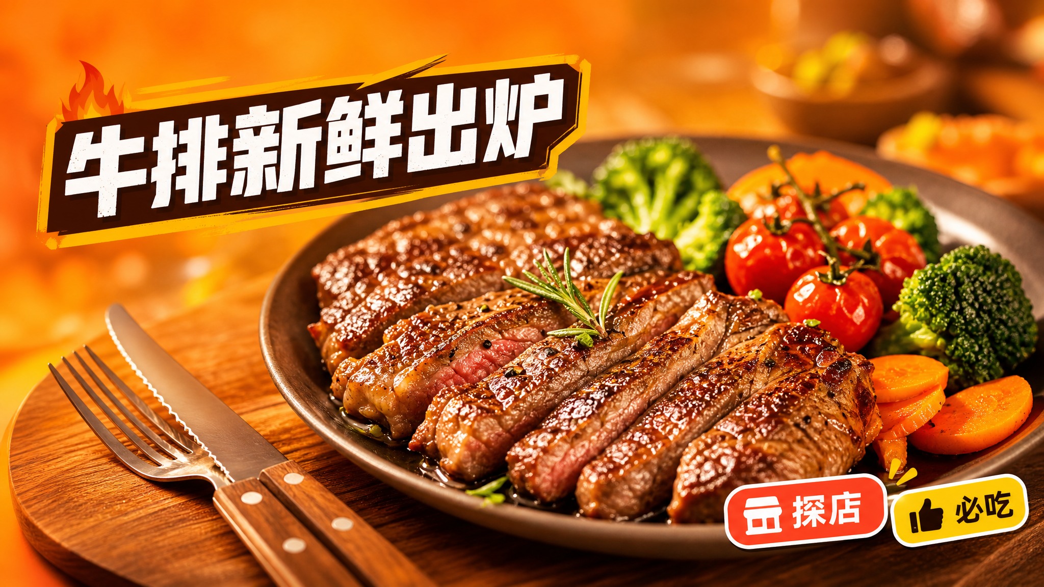 活力美食风格，暖橙色渐变背景，画面中心是一盘色泽诱人的煎牛排，… - 图片创意预览