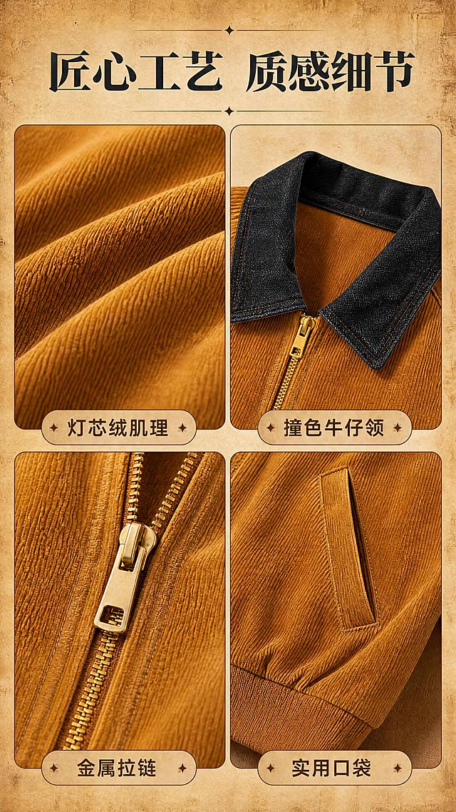 [商品] 使用【图1】焦糖棕撞黑领灯芯绒夹克；商品处理：保留撞色牛仔翻领、金色拉链、插肩袖结构、斜插口袋、罗纹下摆与袖口、整体宽松廓形、焦糖棕灯芯绒面料颜色和肌理；自然去除衣身杂乱褶皱与压痕，理顺垂坠，增强灯芯绒竖条纹理、缝线、拉链五金和罗纹质感，不改变版型和结构。
[画面] 目标为面料与工艺细节页，2×2宫格构图，四个格子分别展示：左上灯芯绒面料微距肌理、右上撞色牛仔领拼接细节、左下金属拉链头与缝线特写、右下斜插口袋与罗纹下摆细节；背景为浅暖棕做旧纸张质感，宫格间有细棕线分隔。
[视觉] 套系策略：风格=美式复古轻工装高级商业摄影；标题字=复古衬线粗体；正文字=简洁无衬线体；主色=焦糖棕；背景延展=基于焦糖棕做深浅层级、同色渐变和细腻做旧纸张/织物质感；强调色=深炭黑，仅用于小面积图标、引线和标签；标题色=深炭黑；正文色=暖棕灰；组件=圆角浅棕信息卡、细棕线引线、复古标签；光影=每格局部暖柔光，突出材质肌理。
[文字] 顶部居中放主标题「匠心工艺 质感细节」，每个宫格下方配1个短标签：灯芯绒肌理、撞色牛仔领、金属拉链、实用口袋；文字均为横排，字号适中，手机端清晰可读。
[规格] 图片比例9:16竖版，4K分辨率，medium质量，避免变形、错字、文字过小、冷蓝/蓝灰背景、衣服颜色改变、版型失真、白底孤立单品。