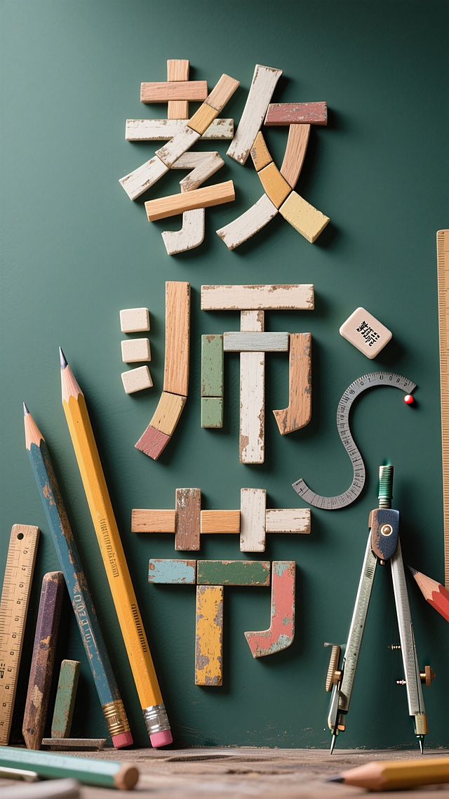 "教师节"文字，三个字的笔画由不同的文具拼接而成，放在一块简单的墨绿色背景上。