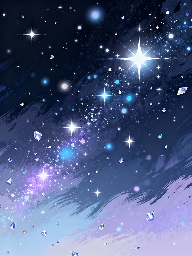 插画风格的画面中，布满了闪烁的闪光星点，这些星点大小不一，有的明亮耀眼，散发着柔和的光晕，有的则如细微的钻石碎屑般点缀其间，整体呈现出梦幻、璀璨而又轻盈的氛围，色彩以深邃的夜空色调为基底，星点闪烁着白色、淡蓝、浅紫等冷色调的光芒，笔触带有插画特有的细腻与流畅感，构图上星点分布自然且富有层次感，营造出宁静而又充满奇幻色彩的星空景象。