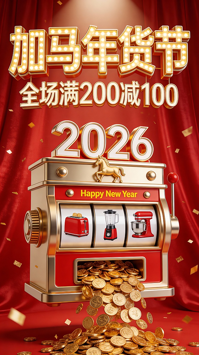 3D写实风，视觉中心是一台老虎机造型装置（悬空，正面视角，金属材质金红配色，机器上装饰“2026”立体数字、小金马，机器中部装饰“Happy New Year”黄色小字，机器底部吐出大量金币），机器滚轮区转出图中商品。背景是红色光泽幕布，周围散落金色碎片。顶部金色3D灯牌标题“加马年货节”，副标题3d金色小字“全场满200减100”。