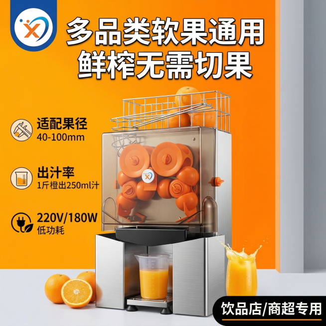 商用全自动鲜橙榨汁机电商主图，背景为亮橙+浅灰渐变，左上角标圆形蓝白色流线型品牌logo，主标题大字突出“多品类软果通用 鲜榨无需切果”，下方标注核心卖点：适配果径40-100mm、出汁率1斤橙出25预览效果