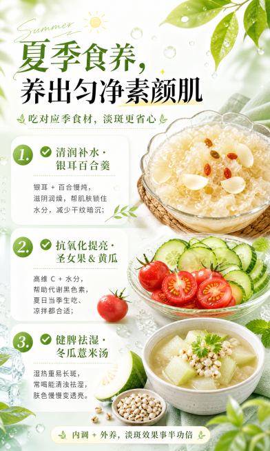 小红书科普知识海报，比例3:5，清新夏日风格，主标题“夏季食养，养出匀净素颜肌”，副标题“吃对应季食材，淡斑更省心”，正文包含三个养生知识：1. ✅ 清润补水・银耳百合羹 银耳 + 百合慢炖，滋阴润燥预览效果