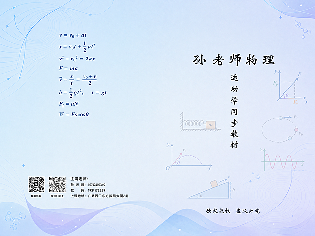 对这张教材封面封底展开图进行以下微调：

1. **右半边物理图标**：将封面上的物理图标（原子、斜面、弹簧、波形图等）调整为更浅、半透明的效果，降低不透明度，作为淡淡的背景装饰，不要太抢眼

2. **删除顶部图标**：删除"孙老师物理"标题上方的两个物理图标（原子图标和单摆图标），让标题区域更干净

3. **左半边公式调整**：
   - 公式字体缩小一些
   - 所有公式整体往上移，只占左半边的上半部分（约上一半区域）
   - 公式排列整齐紧凑
   - 左半边下半部分留空，保持干净

4. 其他所有内容（文字、二维码、电话、地址、背景色、标题等）均保持不变