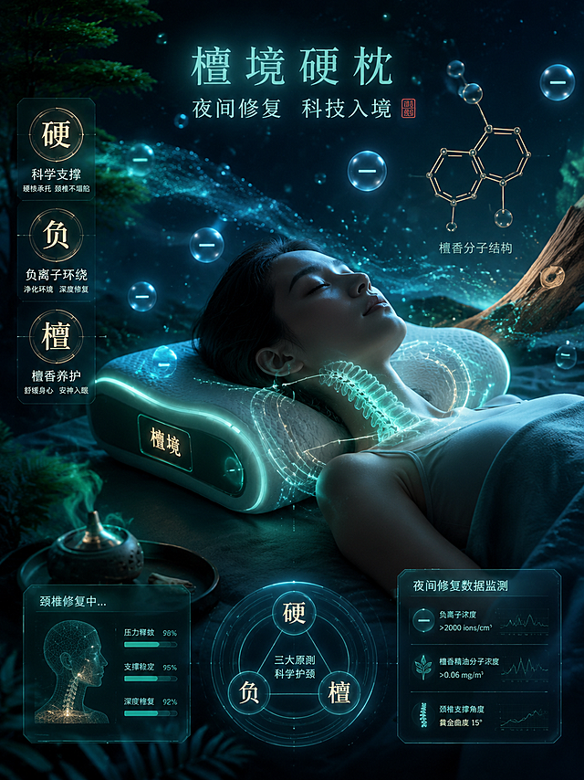 一个现代人使用檀境硬枕的夜间修复场景：颈椎被光晕包围，象征“硬、负、檀”三原则，背景有负离子粒子和檀香分子结构。风格为科幻艺术，结合蓝绿色调，传达科技与传统的融合