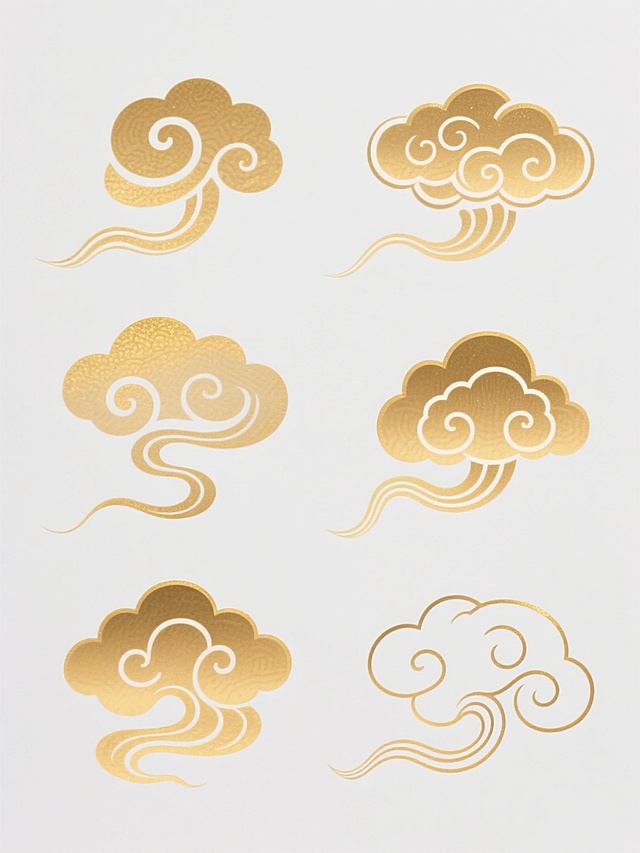 白色背景上整齐排列的6个不同样式的中式云纹图案，每个云纹造型各异，有的呈卷曲状，有的呈飘逸的流线型，有的带有层叠的云朵形态，有的则是简约的线条勾勒，所有云纹均以金色为主色调，部分云纹带有渐变的金色光泽，线条流畅细腻，具有传统中式纹样的古典美感和装饰性，整体构图对称均衡，视觉层次分明，展现出浓郁的东方韵味和雅致的设计感。