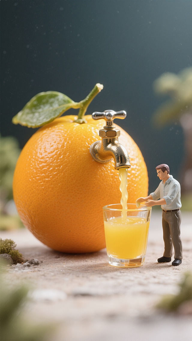 一个巨大完整的橙子，橙子皮上插着个小水龙头，一打开水龙头就能流出橙汁，一个小人在橙子旁，小人手里拿着玻璃杯接橙汁，玻璃杯里有橙汁。