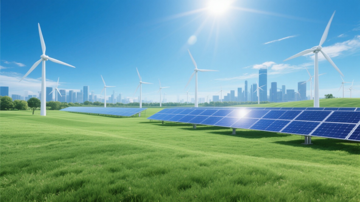 超写实风格的新能源发电场景，主色调为深蓝天空与翠绿草地的和谐搭配，明亮的正午阳光从画面上方照射，形成清晰的物体阴影和高光，展现出3D质感的平滑过渡与细腻材质表现。画面采用三分法构图，前景是修剪整齐、充满生机的绿色草坪，中景左侧为深蓝色太阳能电池板阵列，中景中央及右侧分布多座白色风力发电机，背景为现代化城市天际线。整体氛围明亮、科技感与自然和谐共存，视觉层级清晰，主体新能源设施突出，信息传达高效……预览效果
