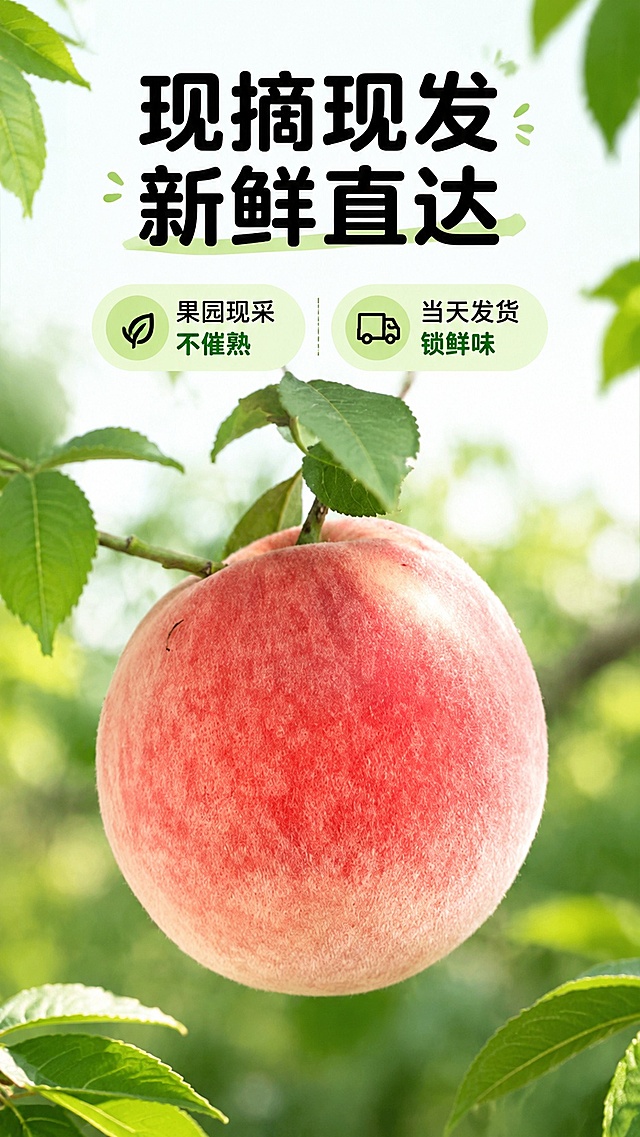 [第3屏] 核心卖点展示，突出平谷大桃现摘现发优势。本屏使用【图4】作为商品主体。
[氛围/风格] 简单清新风，真实自然，突出新鲜采摘的时效性，商业摄影质感。
[元素布局] 画面中心展示挂在枝头带枝叶的完整桃子，占比约65%，保留桃子圆形轮廓和红粉色果皮，与原图一致；背景虚化桃园环境，点缀几片清晰的绿叶放在四个角落装饰，整体干净不杂乱。
[光影质感] 自然光侧光，突出桃子果皮绒毛的真实质感，阴影柔和，整体通透。
[配色色系] 全局底色 #F8FBF6，主色为桃子红粉色，辅助色为自然绿色。
[视角构图] 中心构图，平视视角，景深适中。
[文字版式] 顶部主标题「现摘现发 新鲜直达」，下方分两个信息点：「果园现采 不催熟」「当天发货 锁鲜味」，圆角字体黑色，使用浅绿底衬高亮关键词，不遮挡桃子主体。
[比例分辨率] 9:16 竖版比例，4K分辨率，文字清晰可辨，高清画质。
[负向提示词] 桃子变形，颜色偏差，文字错乱，文字过小，水印，背景杂乱