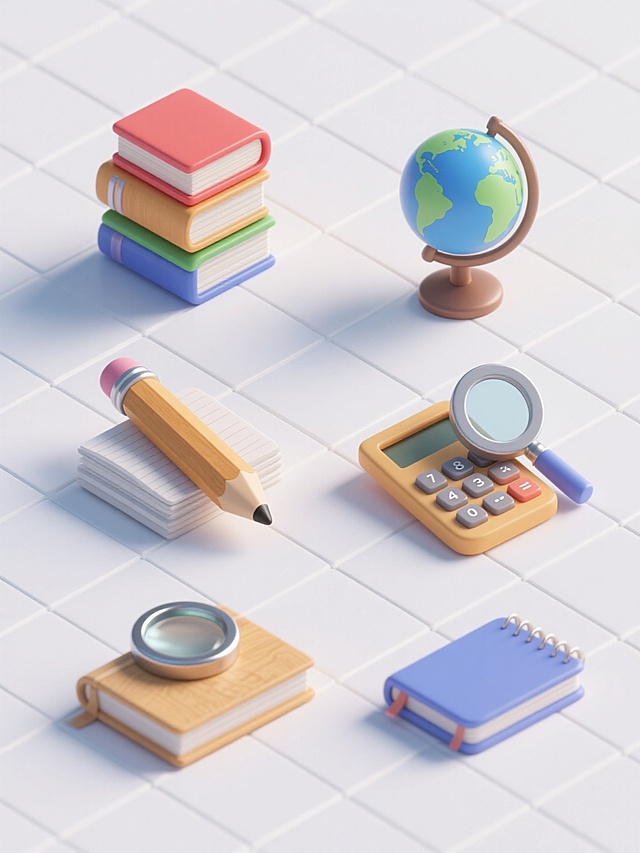 6个不同配色、不同样式、不同材质的教育元素，包括堆叠的书本、铅笔、地球仪、计算器、放大镜和笔记本，每个元素色彩鲜明且区分明显，材质分别呈现光滑塑料、木质、金属、纸质、玻璃和布料质感，所有元素在纯白色背景上以整齐的网格状排列，保持统一的3D渲染风格，柔和的顶部光源形成轻微阴影增强立体感，整体画面简洁干净，物体边缘清晰，光影过渡自然，呈现出现代、清新、专业的视觉效果。