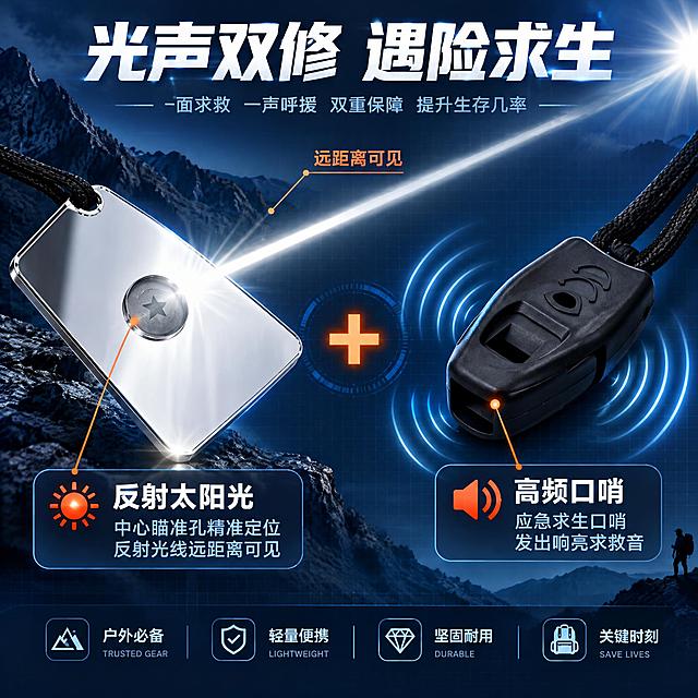 [商品] 使用【图1】【图3】户外信号镜与口哨；保留银色镜面星形瞄准孔、黑色挂绳、黑色应急口哨的结构与材质；镜面高反光，口哨哑光质感。
[画面] 模块一 光声双修功能解析页，目标展示双功能组合优势。左右分栏构图，左侧为信号镜镜面特写占画面45%，右侧为应急口哨特写占画面35%，中间用视觉化元素连接。左侧信号镜呈45度角，从瞄准孔射出一道明亮的太阳光束向右上方延伸，光束旁有"远距离可见"标注。右侧口哨旁有环形声波波纹向四周扩散，象征高频声音信号。两个产品之间有"+"号图标，强调双功能组合。背景为深蓝色渐变，有细微的网格纹理增加科技感。
[视觉] 套系策略：风格=专业户外硬核商业摄影风；标题字=粗黑体 力量感 无衬线；正文字=简洁无衬线体；主色=深海蓝；背景延展=基于深海蓝做深浅层级 渐变过渡 细微科技网格纹理；强调色=橙红色 仅用于小面积图标 引线 标签 光效高光；标题色=白色；正文色=浅灰蓝色；组件=深色半透明信息卡 细线引线 圆角图标；光影=侧上方主光 镜面高光强烈 口哨有清晰轮廓光 产品立体感强。
[文字] 顶部中央主标题"光声双修 遇险求生"白色大号粗体；左侧信号镜下方小标题"反射太阳光"白色中号，下方说明"中心瞄准孔精准定位 反射光线远距离可见"浅灰蓝色小号；右侧口哨下方小标题"高频口哨"白色中号，下方说明"应急求生口哨 发出响亮求救音"浅灰蓝色小号；两个功能点用细线引线连接到对应部位；文字全部横排。
[规格] 图片比例1:1正方形，2K分辨率，medium质量。避免变形、错字、文字过小、浅灰底、产品结构失真、声波光效不自然。