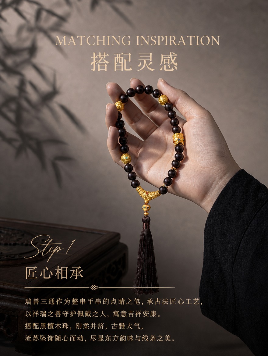 古法黄金瑞兽三通搭配灵感页，与细节展示页统一字体和排版风格。画… - 图片创意预览