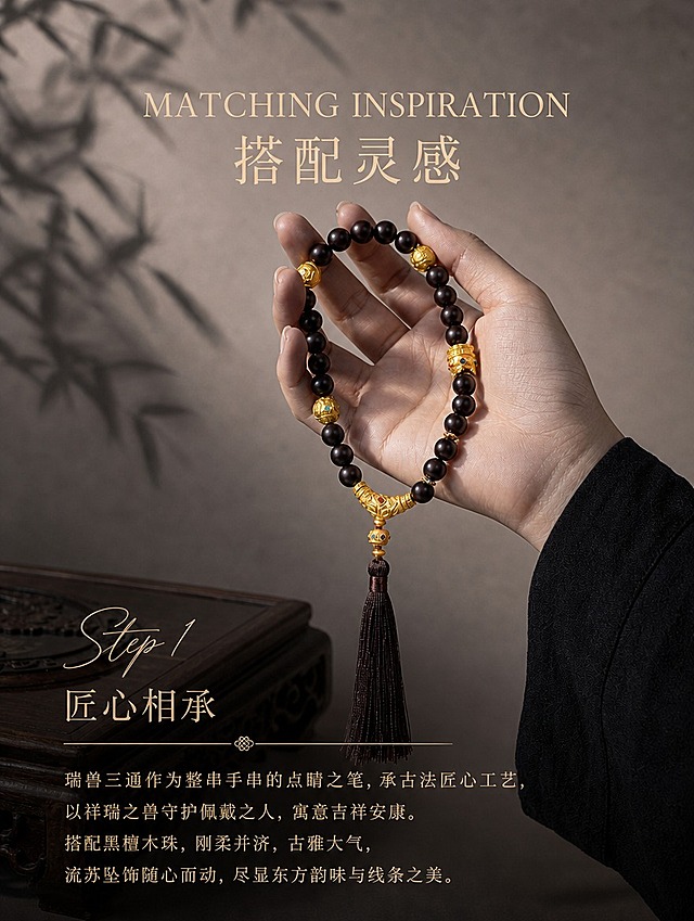 古法黄金瑞兽三通搭配灵感页，与细节展示页统一字体和排版风格。画面顶部居中是MATCHING INSPIRATION英文大写衬线字，下方是搭配灵感四个大宋体字。中央展示手持念珠手串佩戴效果，瑞兽三通为主角，浅灰褐色质感背景带竹叶影。下方Step手写花体字加匠心相承宋体副标题，中间细金线加花纹装饰，再下方四行搭配说明文字。字体、字号、排版位置、文字层级与细节展示页完全统一。竖版3:4，4K高清文玩珠宝摄影。