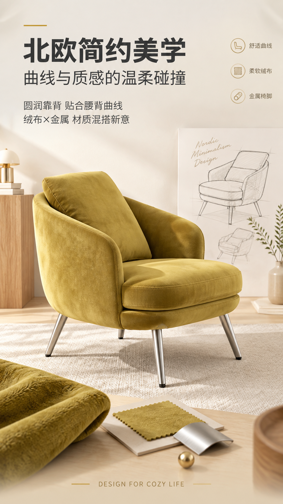 [商品] 使用【图1】芥末黄色绒布单人休闲沙发椅；保留靠背弧度… - 图片创意预览