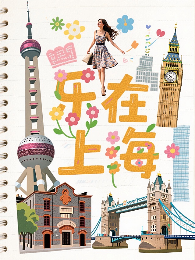 手账拼贴，图像拼贴。超大标题居中“乐在上海”（文字花字设计带有上海元素），一个美女旅游在文字上方，周围环绕：伦敦城市地标等