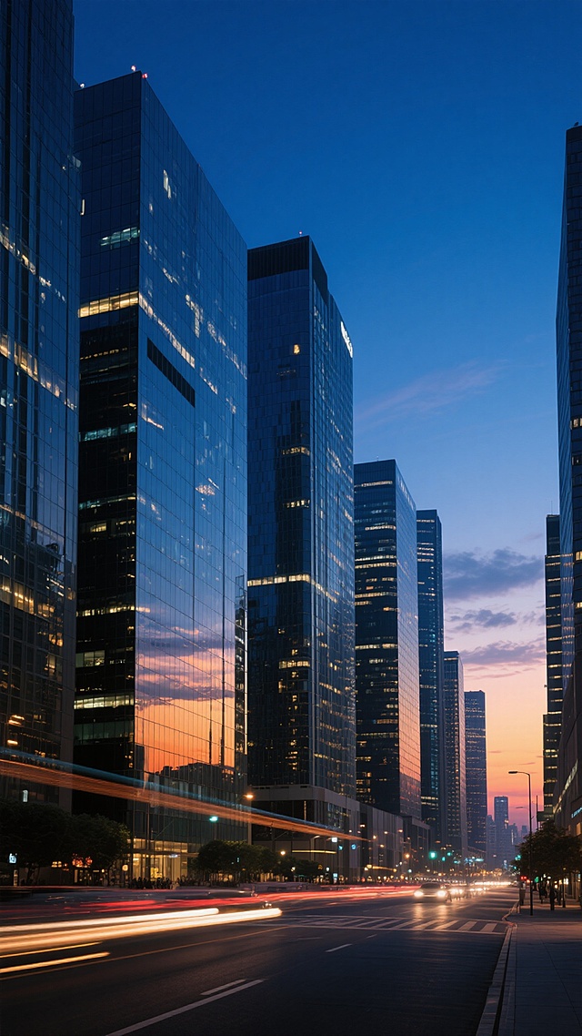 城市夜景，黄昏向夜晚过渡的深蓝色渐变天空，高楼大厦林立，玻璃幕墙反射着落日余晖与城市灯光，建筑群呈现出金属与玻璃的现代质感，街道上有流动的车灯轨迹，整体氛围宁静而繁华，远处天空有淡淡的云彩，光影对比鲜明，突出建筑的立体感和城市的纵深感。