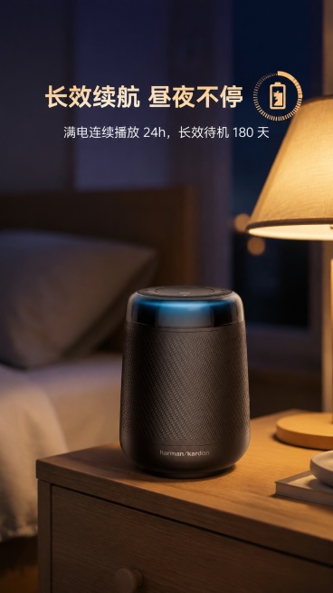 [第5屏] 长续航卖点展示，展示深空灰哈曼卡顿便携蓝牙音箱放置在卧室床头柜场景。本屏使用【图1】作为商品主体。氛围风格暖调居家，景深虚化，治愈氛围感。元素布局：音箱放置在画面下半区床头柜台面，背景为虚预览效果