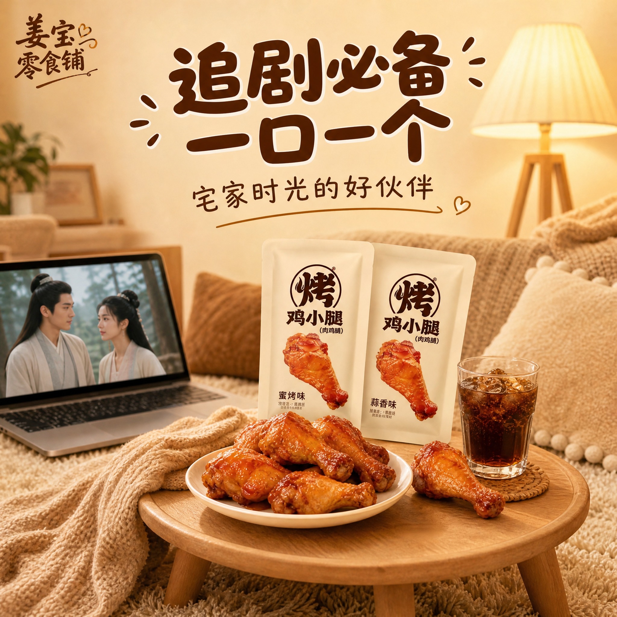 [淘宝-姜宝零食铺-1:1主图4] 宅家追剧场景，暖棕调亲切风… - 图片创意预览