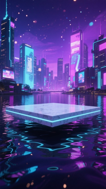 在一个充满未来感的赛博朋克城市夜景中，霓虹灯光映照下的悬浮平台上，放置着一块光滑的白色大理石台面，周围环绕着波光粼粼的水域，水面倒映着城市的光影，远处是高楼大厦和全息投影广告，天空呈现出深邃的紫色调，点缀着闪烁的光点，整体氛围神秘而充满科技感。预览效果