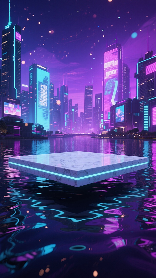 在一个充满未来感的赛博朋克城市夜景中，霓虹灯光映照下的悬浮平台上，放置着一块光滑的白色大理石台面，周围环绕着波光粼粼的水域，水面倒映着城市的光影，远处是高楼大厦和全息投影广告，天空呈现出深邃的紫色调，点缀着闪烁的光点，整体氛围神秘而充满科技感。