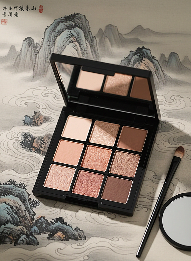 产品宣传图，背景是山水画风格，旁边有化妆刷和镜子装饰