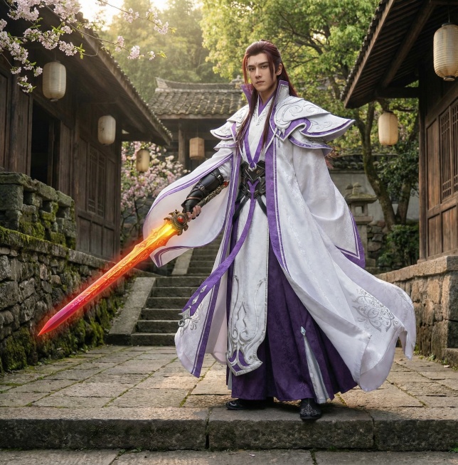 「图片1」「图片1」「图片1」「图片1」「图片1」把这张图变成真人摄像风格的，加上古代背景预览效果