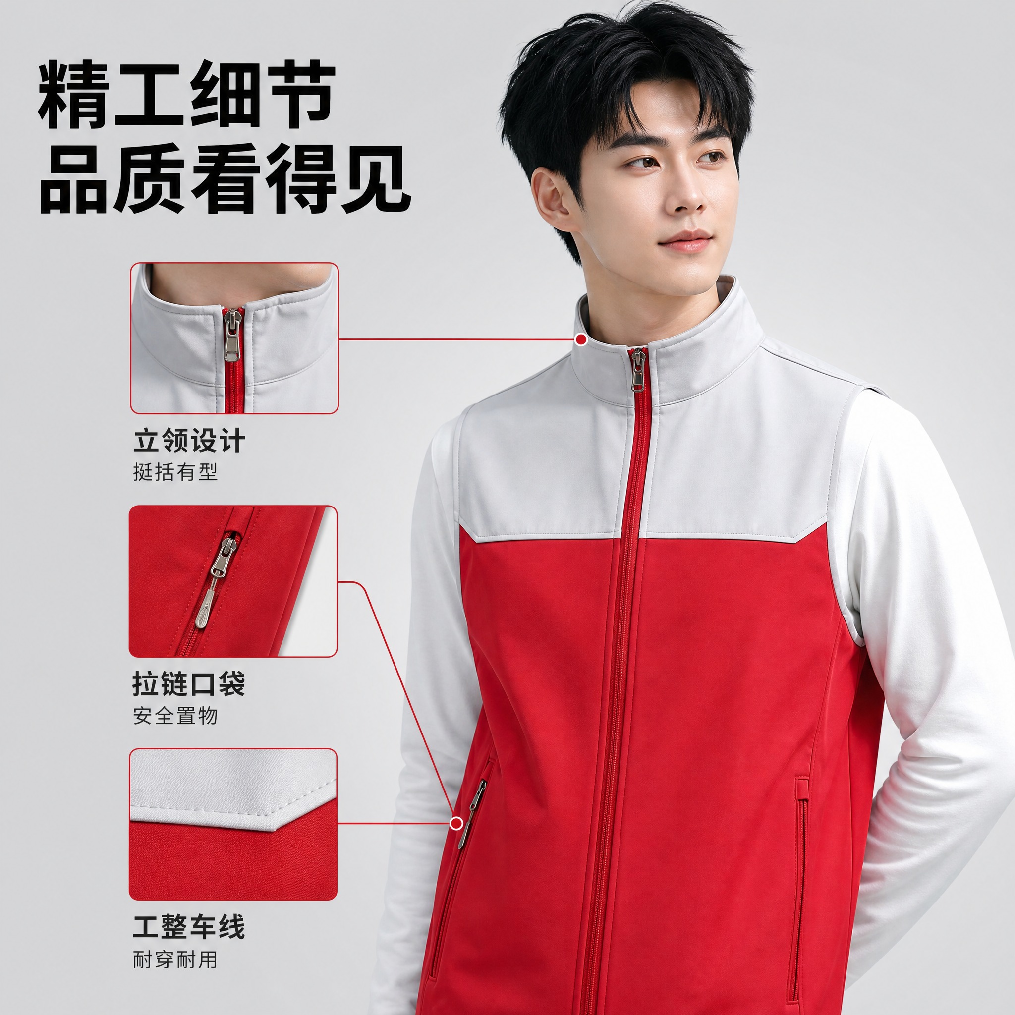 [主图-4] 细节结构展示图，主题为马甲工作服做工细节特写，突… - 图片创意预览