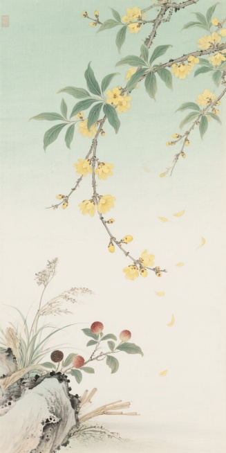 工笔画风格，浅绿色调背景，连翘枝叶，黄色花朵，嫩绿叶脉清晰，枝条细长，部分花朵随风飘落，旁边有山楂，草药装饰，整体色调清新淡雅，色彩过渡柔和，留白充足，营造出宁静雅致的春日氛围，笔触细腻工整，线条流畅预览效果