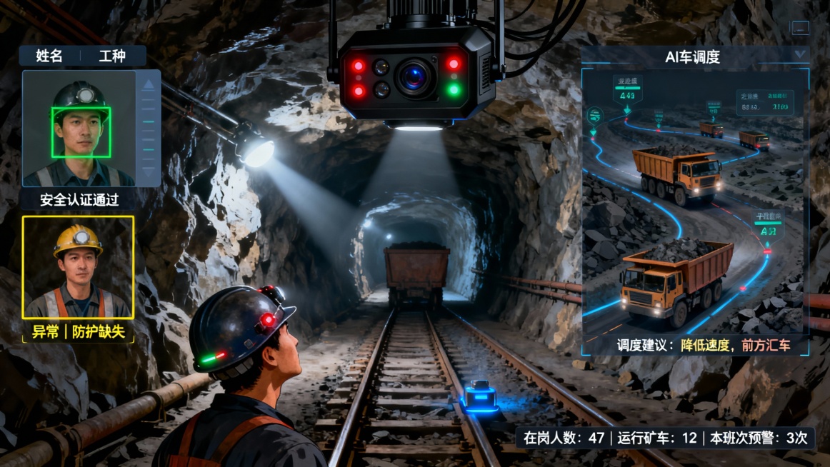 煤矿井下主运输巷道，昏暗的光线中防爆灯在岩壁上投下冷白光束。一台集成双目摄像头与多组传感器的黑色AI设备被安装于巷道顶端，其防护外壳上红绿指示灯规律闪烁，镜头正对下方人员通道与矿车轨道。

设备连接的预览效果