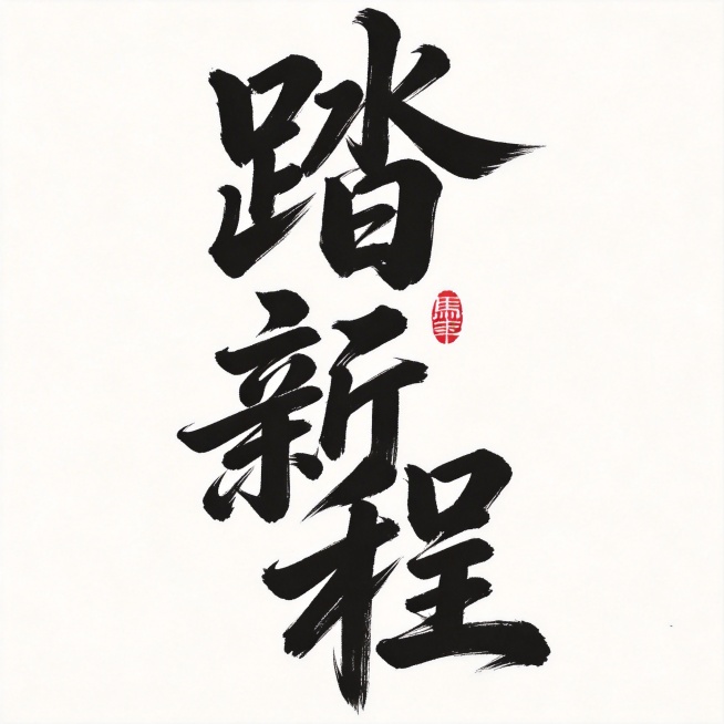 将文字替换为“踏新程”，保持原有的毛笔书法风格、竖排布局，保留红色印章元素预览效果