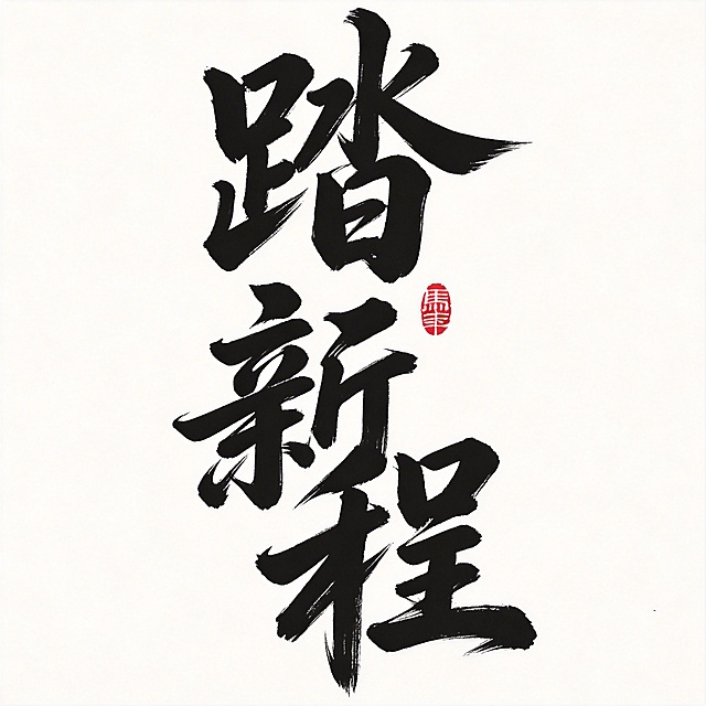 将文字替换为“踏新程”，保持原有的毛笔书法风格、竖排布局，保留红色印章元素