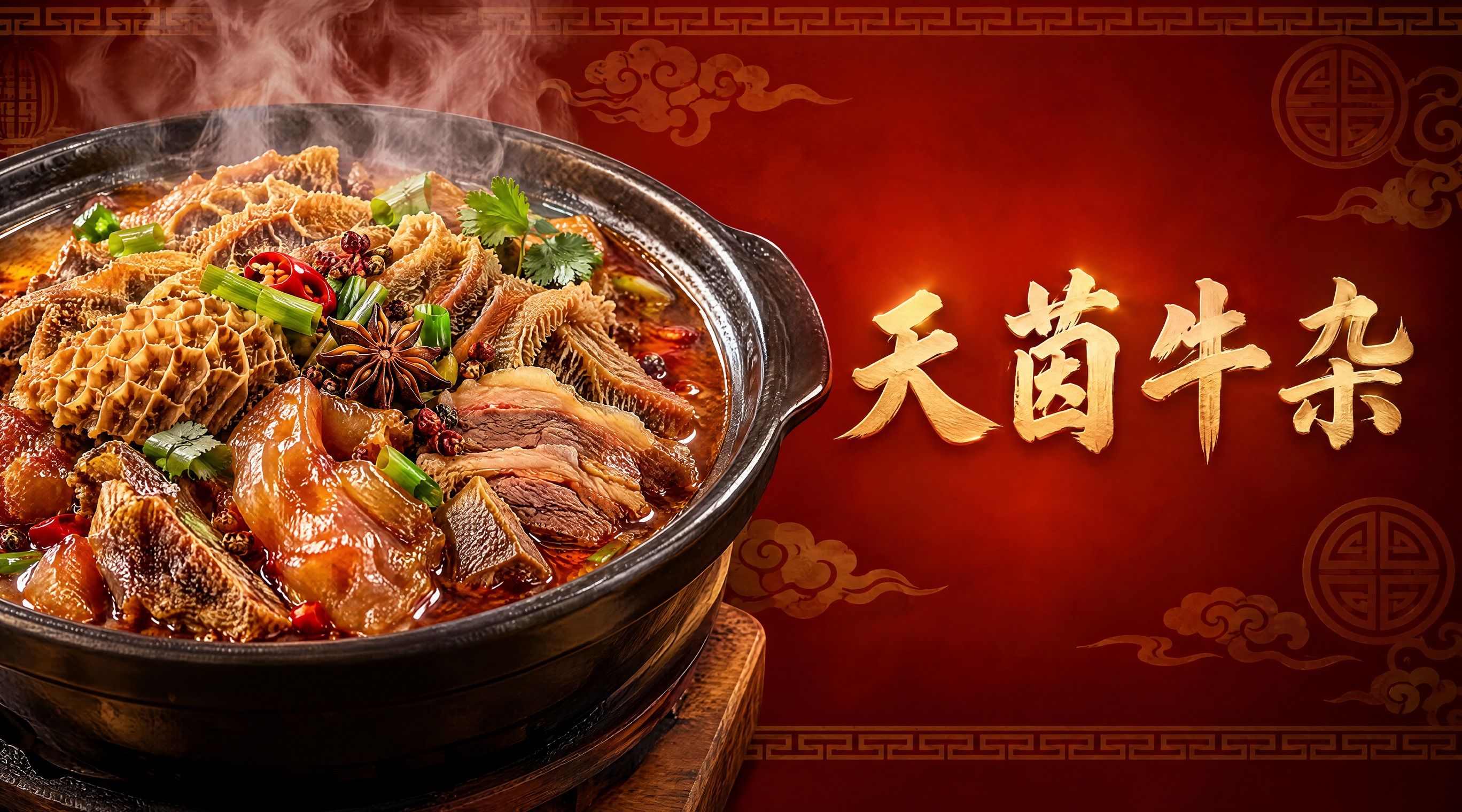 天茵牛杂店招设计，写实美食风格，横幅构图，左侧是一大锅热气腾腾… - 图片创意预览