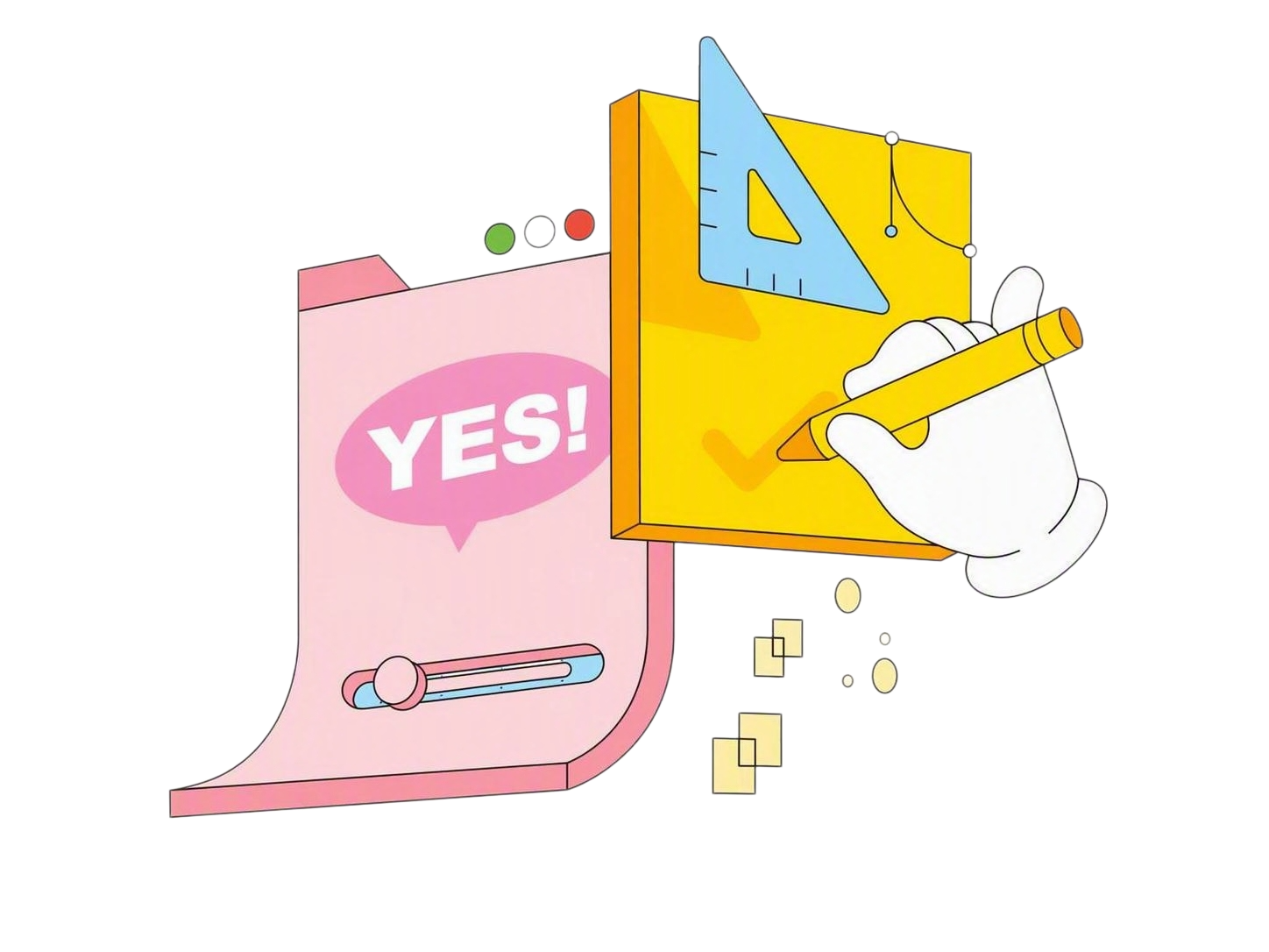 仅保留图片中间的插画素材元素：左侧粉色带YES!对话框的纸张、… - 图片创意预览