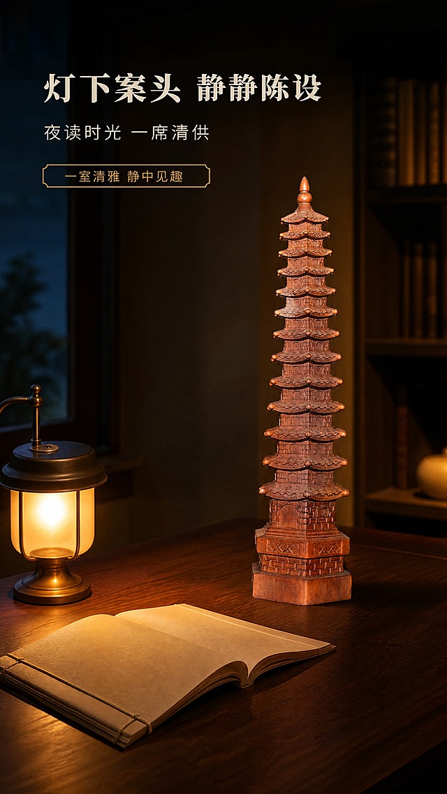 [商品] 使用【图1】【图3】实拍图为产品依据：深红棕木色木雕文昌塔，多层楼阁式、层层出檐、层身门窗与斗拱雕饰、六角须弥座、顶部塔刹宝顶。保留结构、层数、底座形制、材质颜色与雕刻细节，仅清理实拍中的灰色衬布与黑底环境、优化光影。[画面] 页面目标：使用氛围页，回答“夜里摆在案头是什么感觉”。竖版单场景沉浸构图：温暖的夜读场景，深胡桃木书案上铺摊着一册无字线装书与一盏暖光小灯，木雕文昌塔从右后方被灯光勾出轮廓、竖直立于案面、完整入画不切割、占画面高度约65%；画面右后方有微亮的墙面与书架虚影，左侧窗边有一点冷色夜色作为环境色但不开为主色；共三层景深（前景书册与灯光、中景塔、后景墙面书架），暖光的方向与塔的阴影一致。[视觉] 套系策略：风格=新中式深色雅致商业摄影；标题字=宋体类衬线粗体；正文字=细体无衬线；主色=深棕黑；背景延展=深棕黑渐变叠加深胡桃木质感；强调色=暗金；标题色=暖米白；正文色=浅暖灰；组件=暗金细线分隔与细框小标签；光影=左上45度暖光加侧后方轮廓光。[文字] 上部两行横排中文：主标题「灯下案头 静静陈设」、副标题「夜读时光 一席清供」；下方一行暗金细框标签「一室清雅 静中见趣」；全部水平横向单行，禁止竖排、旋转、单字竖列，不遮挡主体。[规格] 9:16 竖版，4K，产品保真最重要：保持产品原有结构、层数、比例与木本色，透视与接触阴影真实；道具（书册、灯、书架）不得带任何文字、刻字、图案或图标；不出现灰色衬布残留；不添加尺寸或重量数字、不添加产品参数表、不虚构卖点；不出现功效类文案与绝对化用语；仅中文，不出现英文与拼音；不出现水印、平台Logo、二维码；画面高清，主体清晰锐利不虚化。