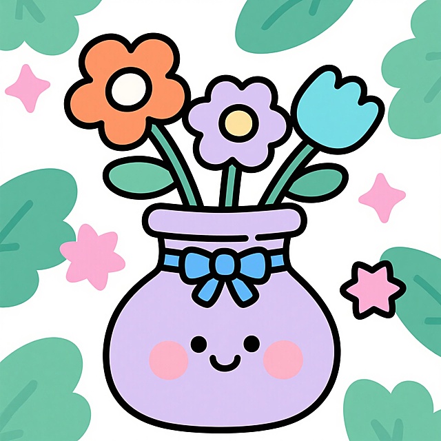 一个可爱的卡通花瓶，瓶身是柔和的紫色，脸上带着微笑的表情，脸颊有粉色腮红，脖子系着天蓝色的大蝴蝶结，花瓶中插着三朵花，分别是橙色、淡紫色和青色，周围有绿色的叶子和粉色的星星装饰，整体采用简洁的平面插画风格，线条圆润流畅，色彩明亮柔和，白色背景，充满童趣和欢快氛围