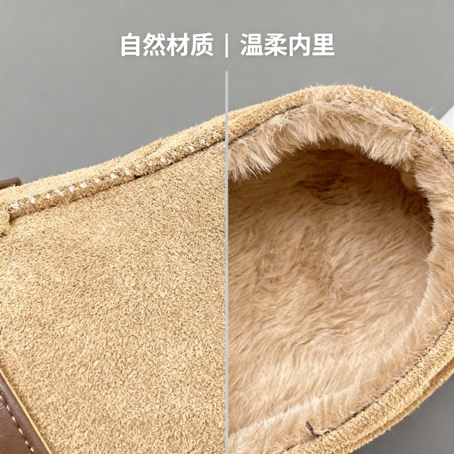 布局：左半边为鞋面特写（自然纹理），右半边为毛绒内里特写（可见柔软纤维）。

设计：分割线为浅灰色细线，上方居中小字标题：“自然材质 | 温柔内里”。

色调：统一暖灰调，无杂质光影。预览效果