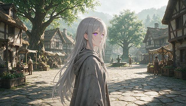 full body portrait of young woman with long silver-grey hair to waist, light purple eyes, single teardrop mole under left eye, fair porcelain skin, delicate features, wearing old worn grey cloak, standing in fantasy village square, soft morning light, realistic anime style, high detail, 45 degree side view, full body shot
