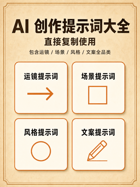 [第2屏] AI创作提示词大全详情图。本屏功能：展示提示词产品内容。氛围风格：复古米色背景，干净简约，信息分区清晰。元素布局：顶部主标题"AI 创作提示词大全"，主标题下方副标题"直接复制使用"，副标预览效果