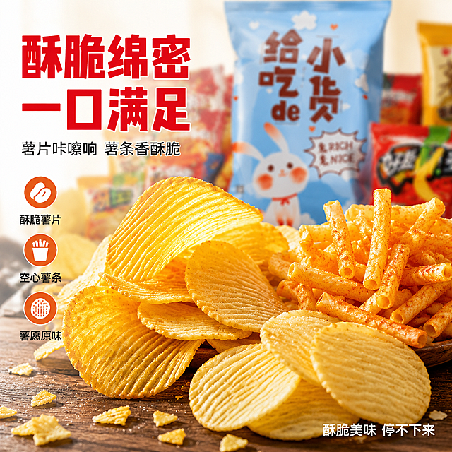 [主图-3 美味细节版修改] 好丽友零食大礼包美味细节图，去掉前景的2个果冻/派，保留薯片和薯条，其他保持原样。
[氛围风格] 食欲爆棚、酥脆诱人、细节满满、美味看得见。
[画质] 商业摄影质感、微距细节清晰、光线通透、食物质感真实。
[元素] 画面中央展示拆开的零食美味细节：左侧一堆好友趣波纹薯片，金黄酥脆，片片堆叠，表面有调味料颗粒，薯片边缘微微翘起，酥脆感十足；右侧一根呀!土豆薯条，金黄酥脆，表面有番茄调味粉；前景还有几片薯愿原味薯片，轻薄酥脆。**去掉中间的好丽友派/巧克力派（即去掉前面2个果冻/派类物体），只保留薯片和薯条类零食**。背景虚化，隐约可见一个竖版立袋造型的浅蓝色零食大礼袋的轮廓，还有各种完整的零食包装袋散落在周围，暗示大礼包。桌面上散落少量薯片碎屑，增加真实感。**保持零食的食物质感、颜色、形态与对应产品图一致；背景礼袋为竖版立袋形状，图案与第二张参考图一致；画面中绝对不能出现巧克力派、派、果冻等夹心蛋糕类物体**。薯片薯条主体占画面约60%。
[光影] 侧逆光打亮食物边缘，形成金黄光晕，正面柔光补光展现细节纹理，薯片酥脆感清晰呈现。
[配色] 主色暖金黄；辅色红色包装点缀、浅蓝礼袋虚化背景；强调色高光白。
[视角构图] 微距平视略微俯视，聚焦薯片薯条主体，背景虚化突出美味细节，景深较浅。
[文字版式] 左上负空间大字主标题"酥脆绵密 一口满足"，红色超粗黑体，字号最大。主标题下方小字"薯片咔嚓响 薯条香酥脆"，深灰色中号。下方三个圆形图标+文字竖排：第一个图标薯片状配"酥脆薯片"，第二个图标薯条状配"空心薯条"，第三个图标薯愿状配"薯愿原味"。图标为橙红色填充白图案，文字黑色小号。底部右侧小字"酥脆美味 停不下来"。所有文字放在左上负空间，不遮挡食物主体。
[输出要求] 1:1比例，文字清晰可辨，超高清商业摄影质感。
[负向提示词] 变形，文字错乱，产品图模糊，背景杂乱，水印，电商平台Logo，多余的手，畸形手，巧克力派，派，果冻，蛋糕，夹心饼干，面包。